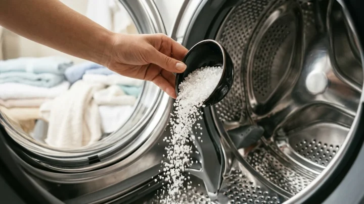 Een wasmachine in een huishoudelijke setting.