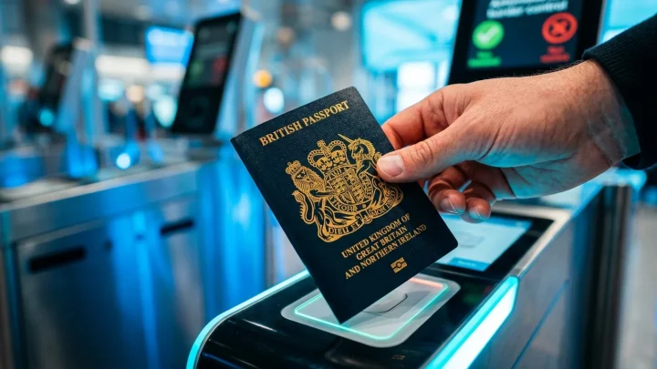 Een man bij de paspoortcontrole op Schiphol Airport