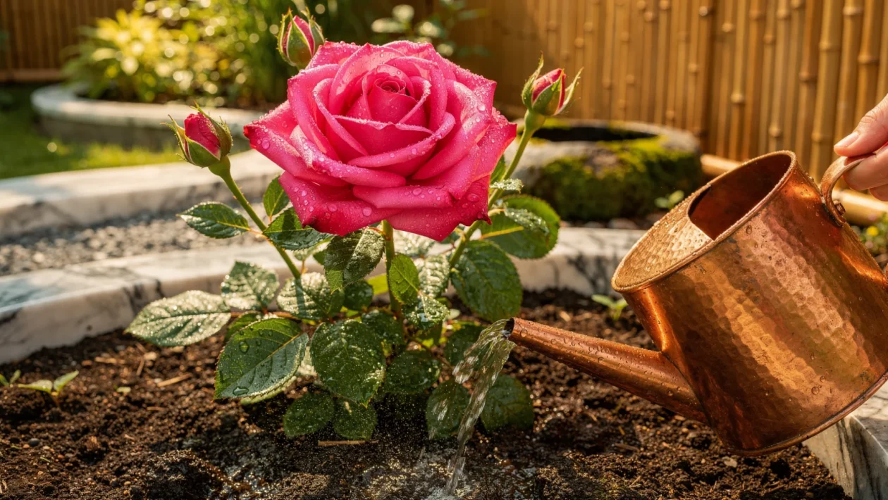 Een bloeiende Knirps-roos in een kleurrijke Japanse-Chinese tuin tijdens de zomer