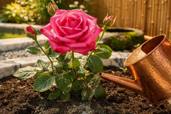 Een bloeiende Knirps-roos in een kleurrijke Japanse-Chinese tuin tijdens de zomer
