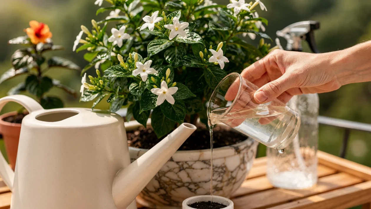 Bloeiende jasmijnplant met witte bloemen en groene bladeren in een pot