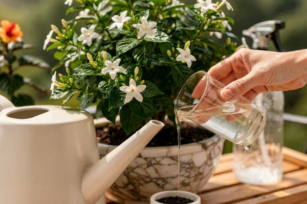 Bloeiende jasmijnplant met witte bloemen en groene bladeren in een pot