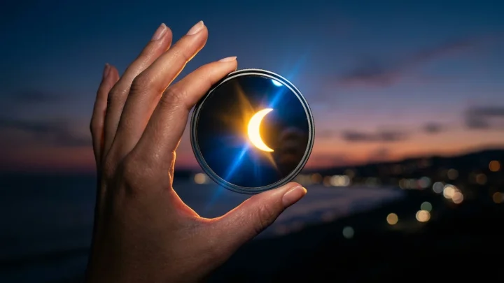 Mensen die naar de lucht kijken tijdens de zonsverduistering in Nederland.