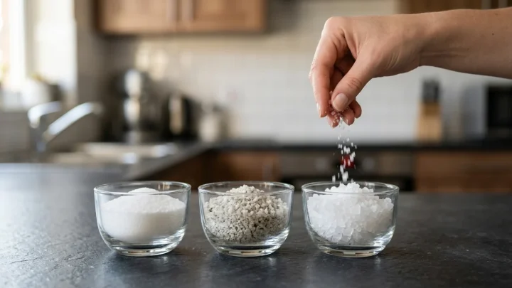 Fijn en grof zout naast elkaar op een keukenoppervlak voor culinair gebruik.